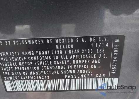 2015 Volkswagen Jetta 2.0L S z USA, uszkodzony, nr VIN 3VW2K7AJ3FM265212